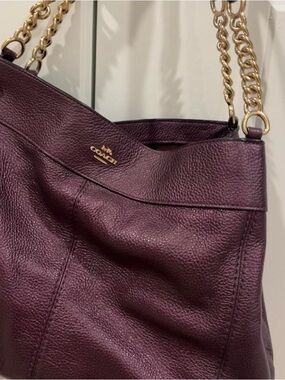 Coach Pebbled Leather Shoulder Bag in Plum with Gold Chain Straps
